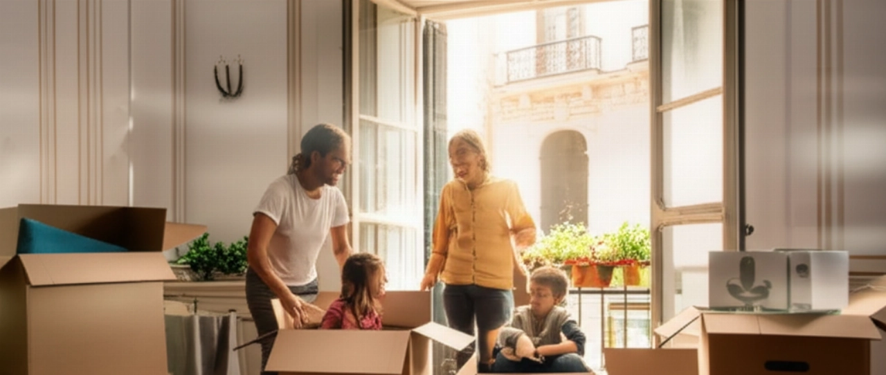 Famille caucasienne heureuse déballant dans un appartement espagnol lumineux, avec des cartons et la lumière du soleil entrant par la fenêtre.
