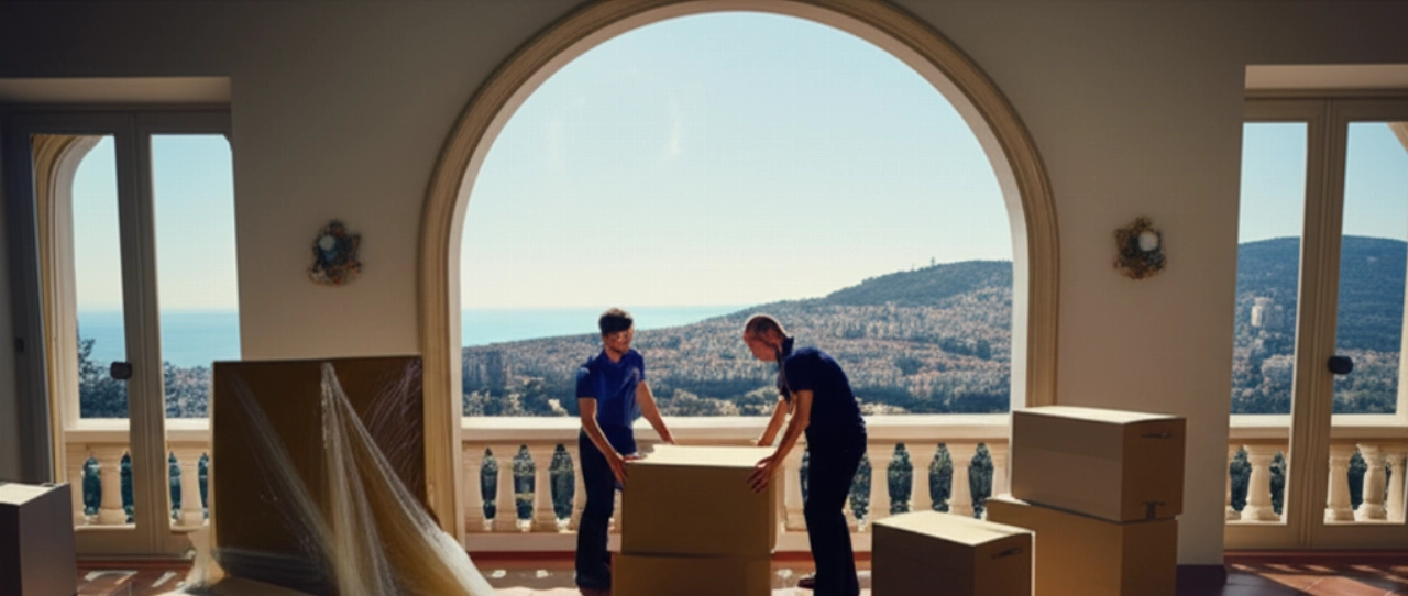 Déménageurs caucasiens professionnels travaillant dans une élégante maison espagnole, avec une vue panoramique sur une ville côtière espagnole.