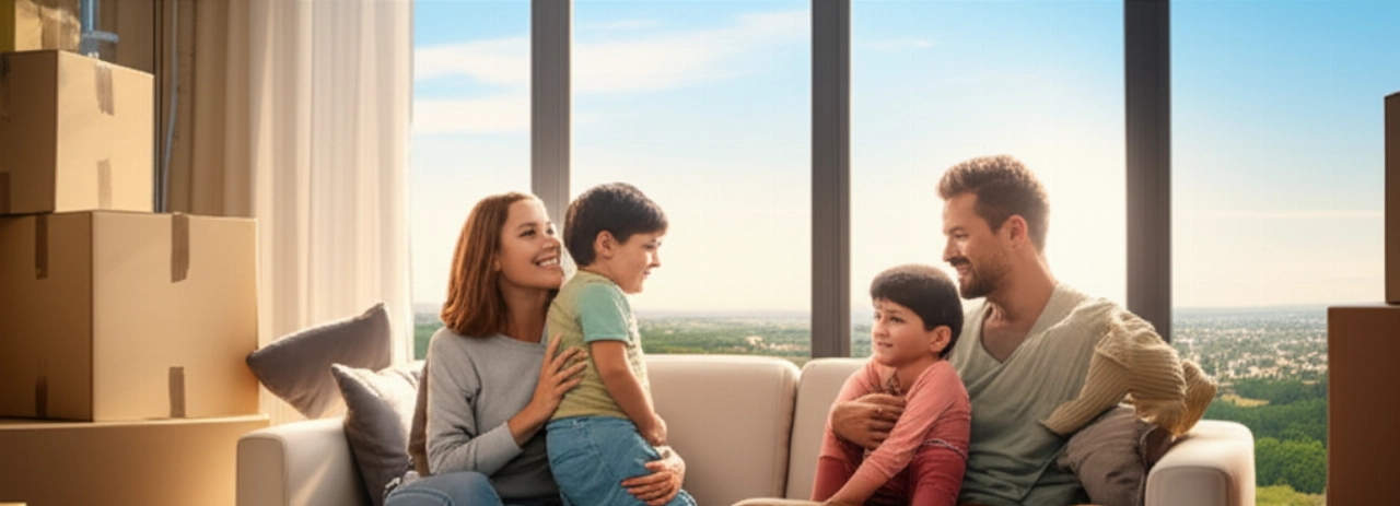 Une famille caucasienne heureuse se détend dans son nouveau salon, avec des cartons de déménagement et une vue imprenable sur le paysage italien depuis la fenêtre.