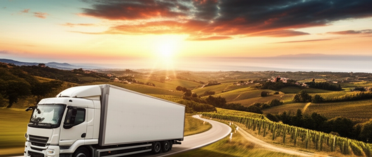 Un camion de déménagement moderne sans marque traverse un paysage italien à couper le souffle au coucher du soleil, symbolisant le service national.
