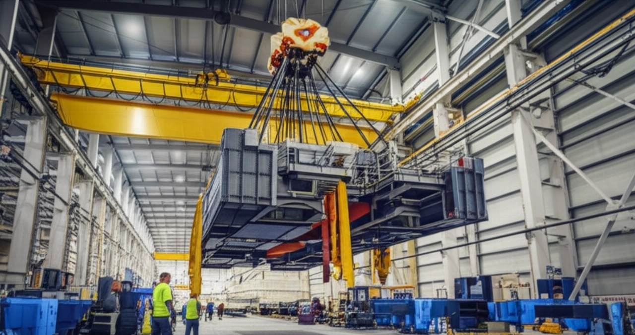 Énorme machinerie industrielle déplacée avec précision par une grue dans un entrepôt moderne, sous la supervision d'ingénieurs caucasiens.