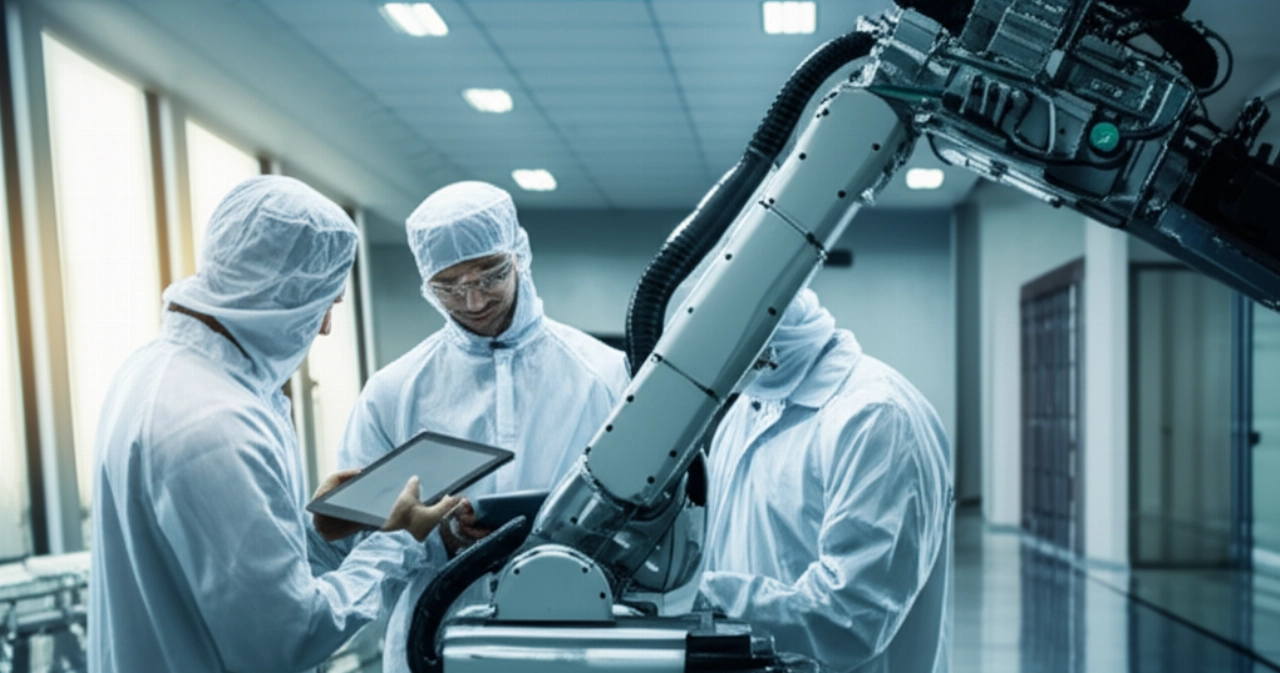 Technologie industrielle de pointe préparée pour le déménagement dans un environnement propre, avec des techniciens caucasiens effectuant les vérifications finales.