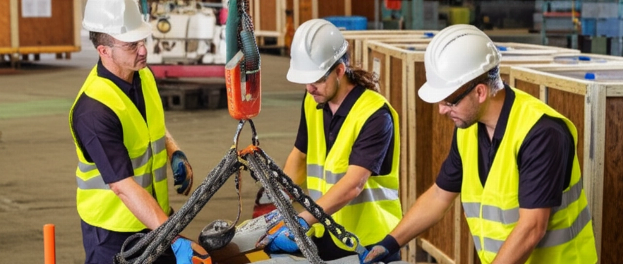 Équipe de spécialistes caucasiens travaillant ensemble pour fixer un composant lourd, démontrant sécurité et esprit d'équipe dans une zone de chargement industrielle.