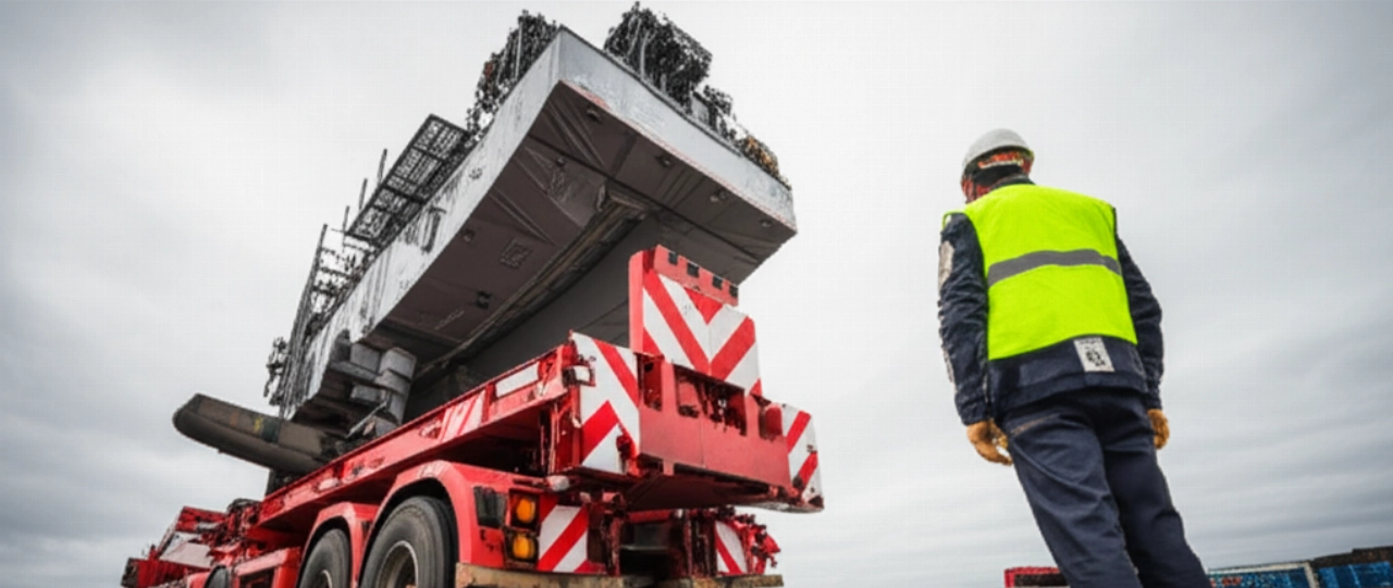 Énorme machine industrielle chargée sur un camion spécial pour le transport national.