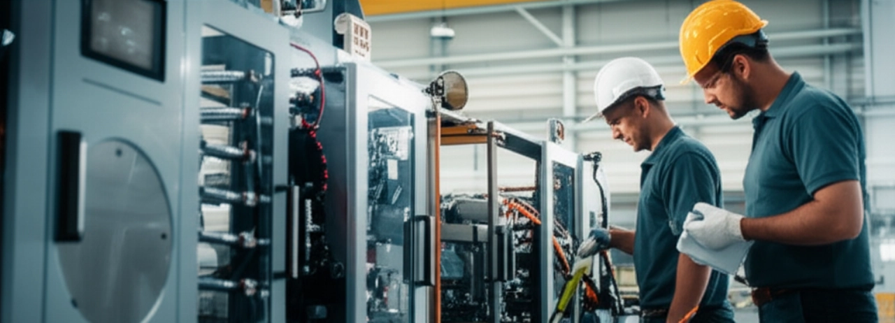 Ingénieurs et techniciens supervisent le réassemblage de machines industrielles dans une nouvelle usine.