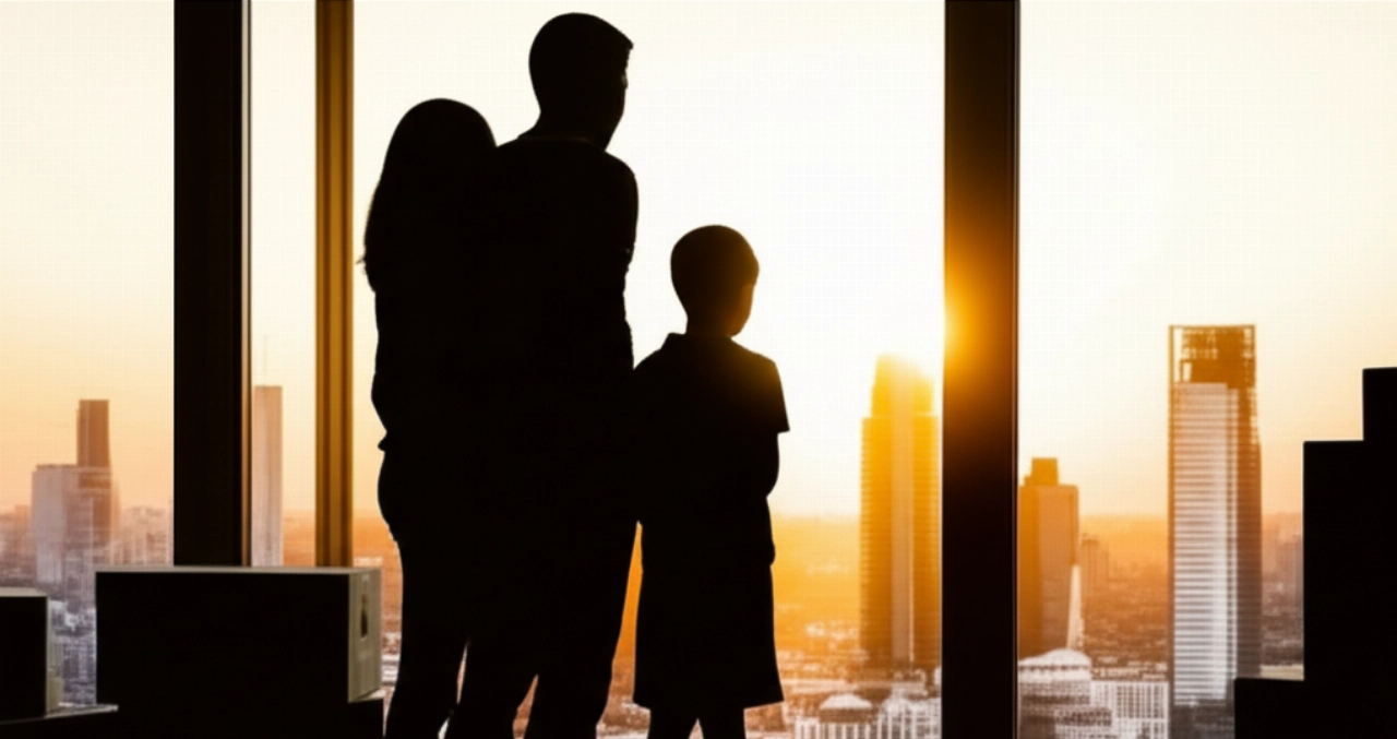Famille caucasienne regardant par la fenêtre un nouveau paysage urbain, avec des cartons de déménagement en arrière-plan suggérant un nouveau départ.