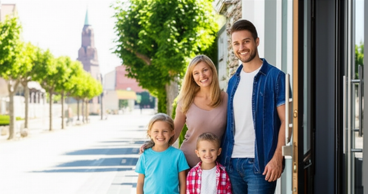 Une famille caucasienne heureuse sourit devant sa nouvelle maison dans une ville européenne, avec une boîte de déménagement partiellement ouverte.