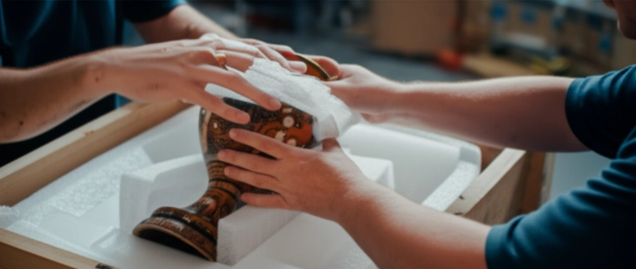 Des professionnels caucasiens emballent soigneusement un vase antique et délicat dans une caisse d'expédition internationale.