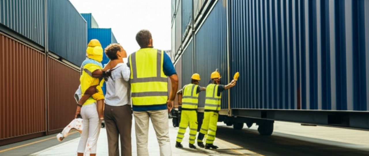 Famille caucasienne observant leur conteneur chargé dans un port international, soulignant le soin apporté au déménagement.