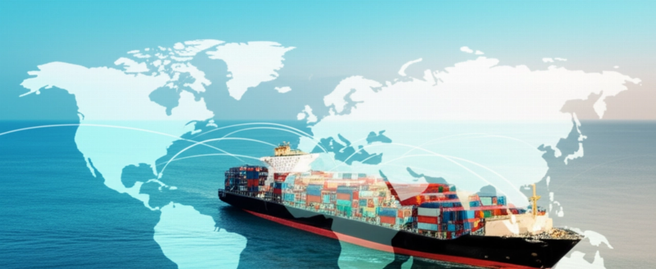Navire cargo avec conteneurs traversant l'océan, avec une carte du monde superposée montrant un itinéraire international.