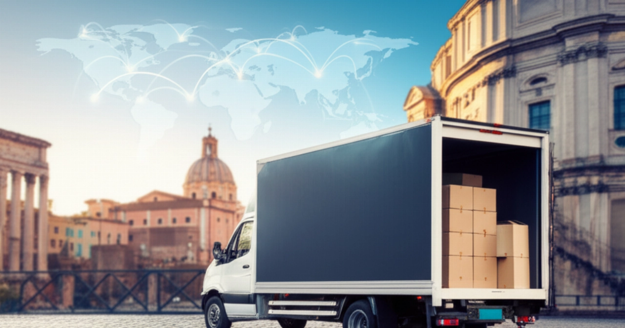 Camion de déménagement international professionnel garé dans une rue romaine historique, avec une carte du monde stylisée symbolisant la portée mondiale.