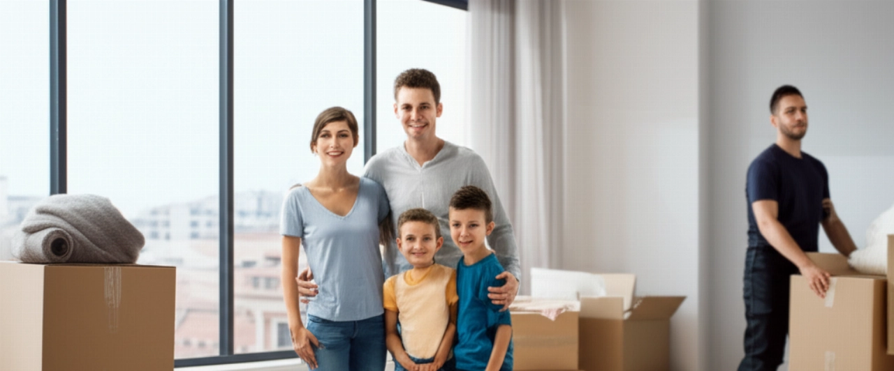 Famille caucasienne heureuse et détendue dans une nouvelle maison, avec des cartons de déménagement partiellement ouverts, symbolisant un début sans problème après un déménagement international.
