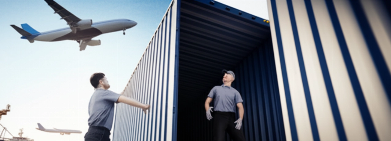 Déménageurs caucasiens professionnels chargent soigneusement un conteneur dans un port international, symbolisant des déménagements internationaux efficaces et économiques.