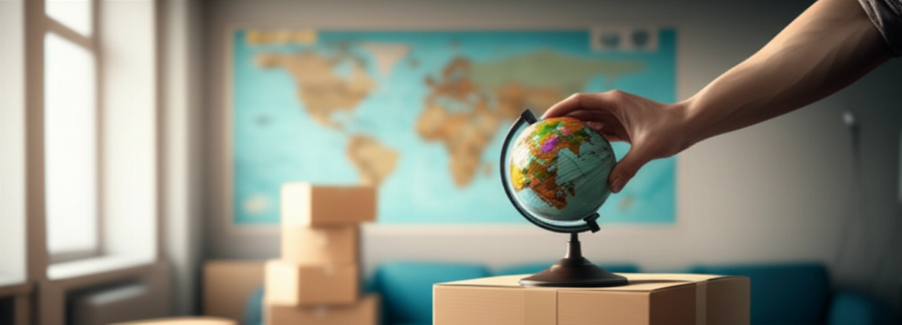 Main plaçant un globe terrestre sur des cartons de déménagement, avec une carte du monde en arrière-plan, évoquant des déménagements internationaux simples et organisés.