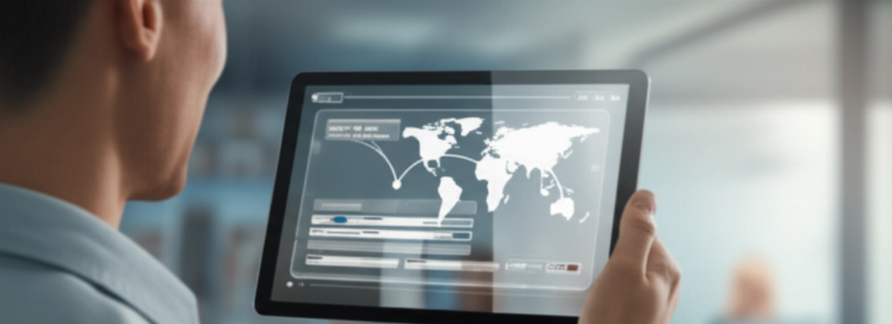 Tablette avec interface de suivi des expéditions internationales et personne sereine en arrière-plan, représentant des déménagements efficaces et pratiques.