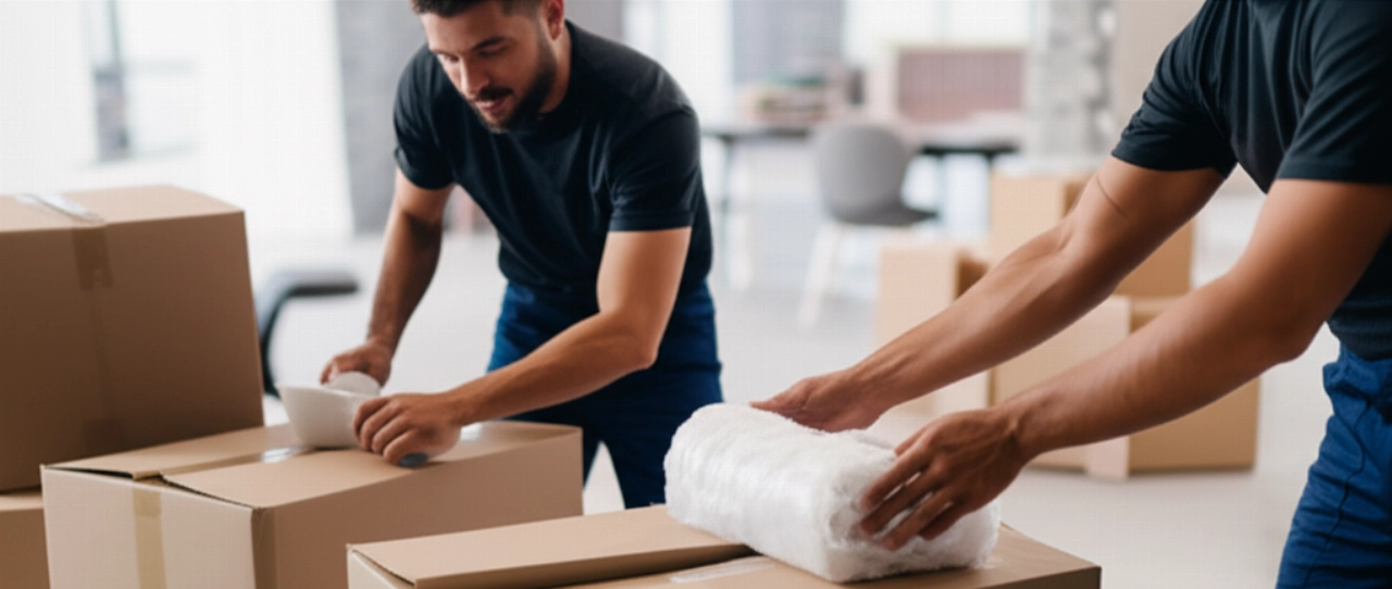 Deux déménageurs professionnels caucasiens emballant soigneusement des objets fragiles dans des cartons robustes à l'intérieur d'une maison moderne.