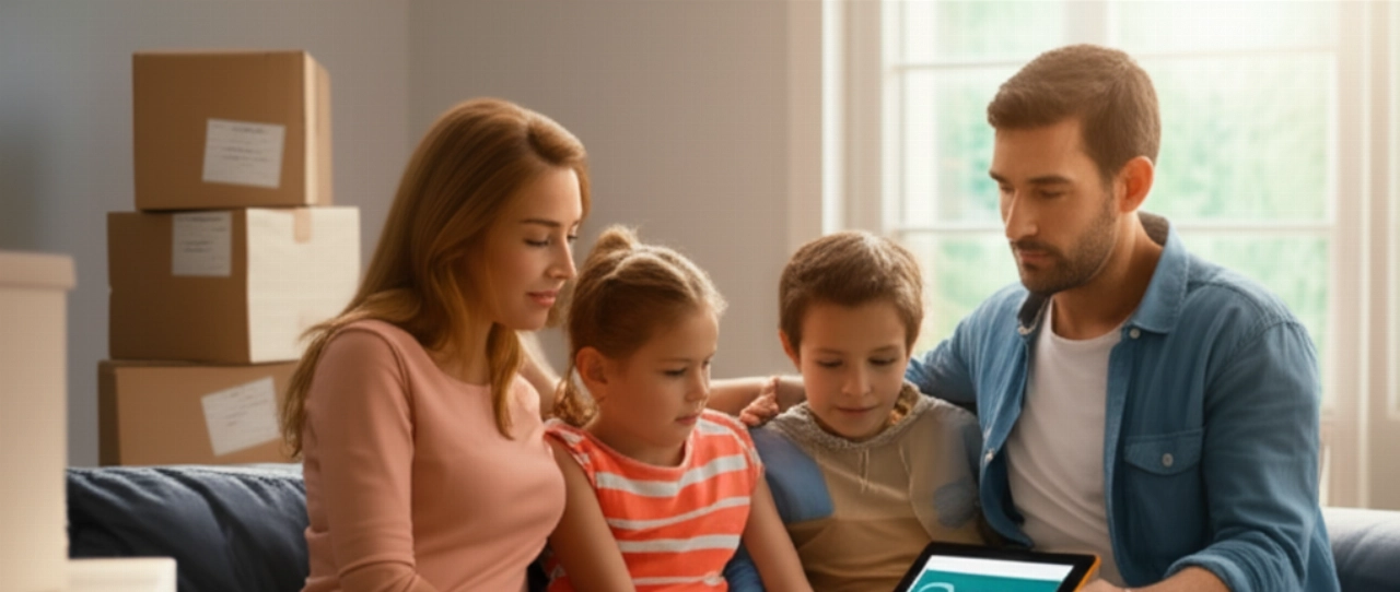 Une famille caucasienne dans un salon moderne consultant une tablette pour des devis de déménagement international, avec des cartons bien rangés en arrière-plan, symbolisant la facilité et la transparence.
