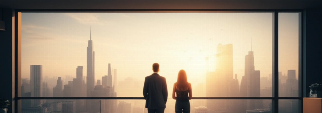 Une personne caucasienne sur un balcon admirant une vue panoramique d'une ville internationale au coucher du soleil, avec des bagages, évoquant la sensation d'un nouveau départ après un déménagement.