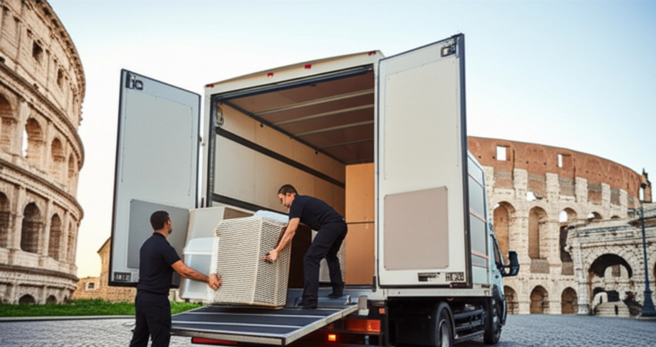 Camion de déménagement international moderne garé dans une rue romaine, avec l'architecture ancienne en arrière-plan, tandis que des déménageurs caucasiens chargent efficacement les marchandises.