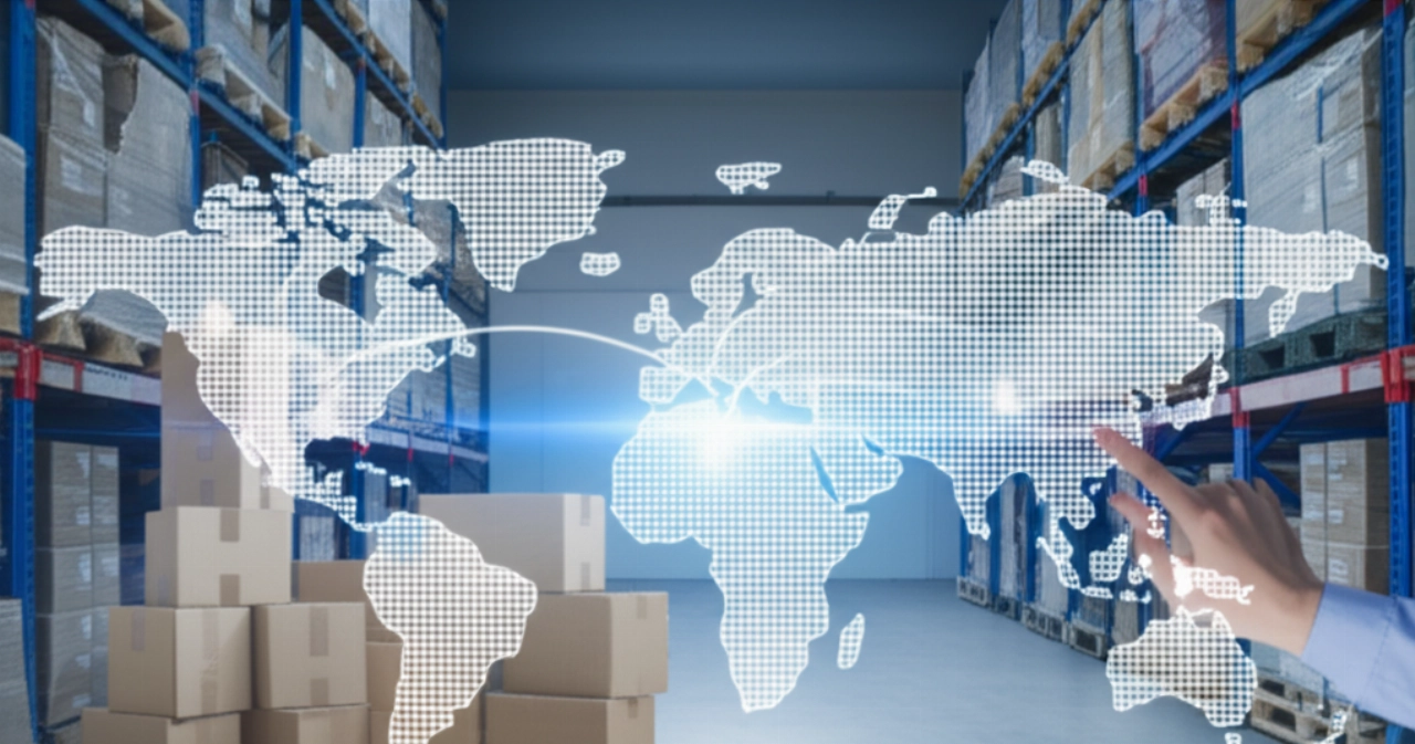 Cartons de déménagement internationaux avec des étiquettes de Rome dans un entrepôt, avec une carte du monde montrant une route mondiale, symbolisant la logistique internationale.