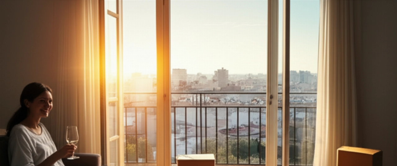 Femme caucasienne se relaxant dans son nouvel appartement espagnol après un déménagement international, avec vue sur la ville.