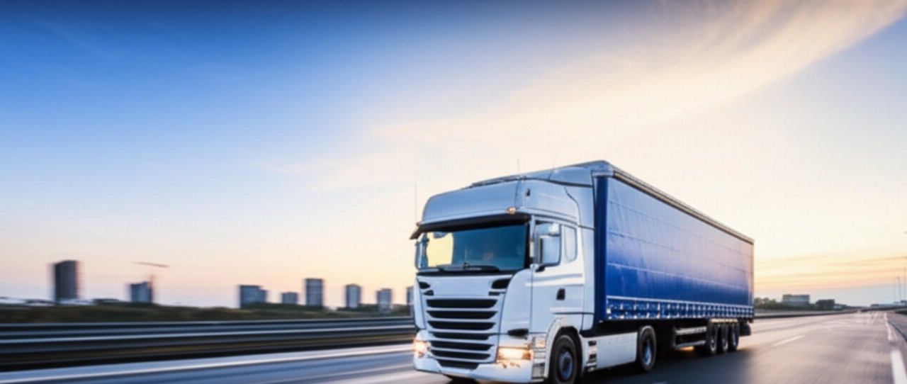 Camion de déménagement moderne et propre voyageant sur une autoroute européenne à l'aube, avec la silhouette d'une ville européenne en arrière-plan, symbolisant un déménagement international.