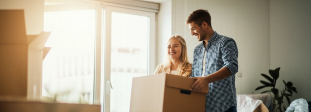 Un couple caucasien heureux déballe des cartons dans leur nouvelle maison moderne et lumineuse, avec la lumière du soleil entrant par une grande fenêtre.