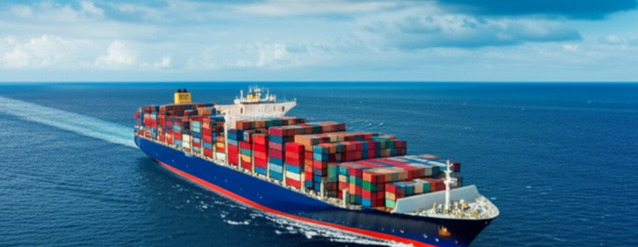 Un gigantesque cargo chargé de conteneurs traverse un vaste océan, symbolisant les longs voyages des déménagements internationaux entre l'Italie et l'Amérique du Sud.