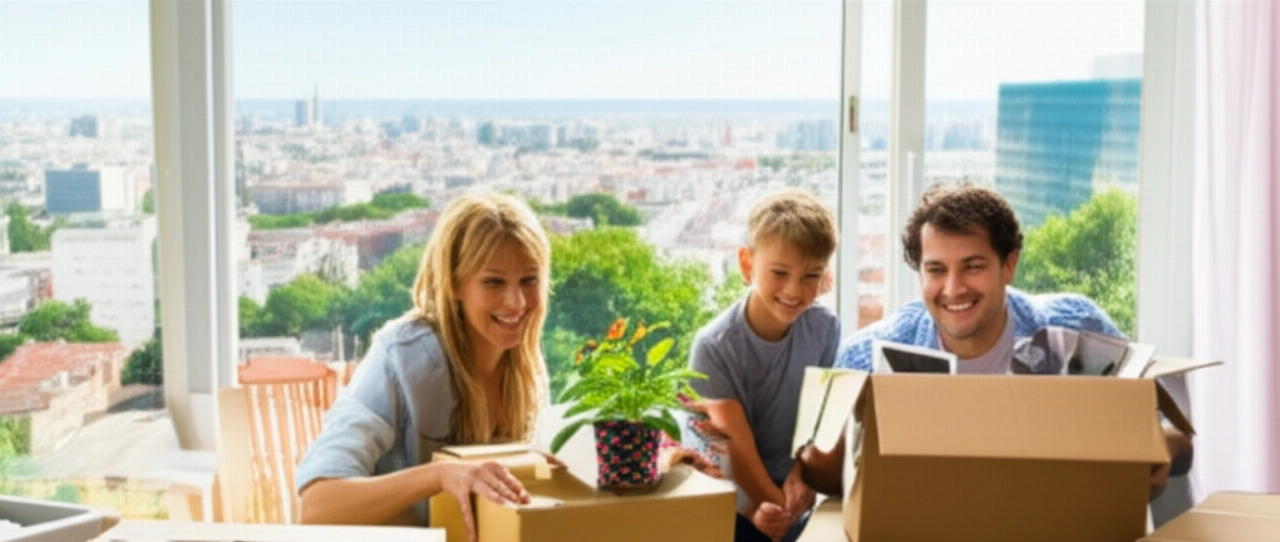 Une famille caucasienne sourit en déballant les cartons dans une nouvelle maison en Amérique du Sud, avec une vue vibrante sur la ville à travers la fenêtre, célébrant un nouveau départ.