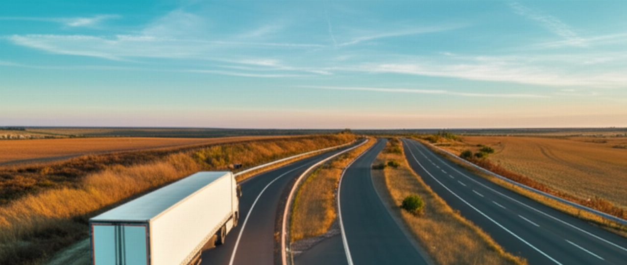 Un camion de déménagement moderne sur une route panoramique, symbolisant un voyage longue distance à travers un vaste paysage.