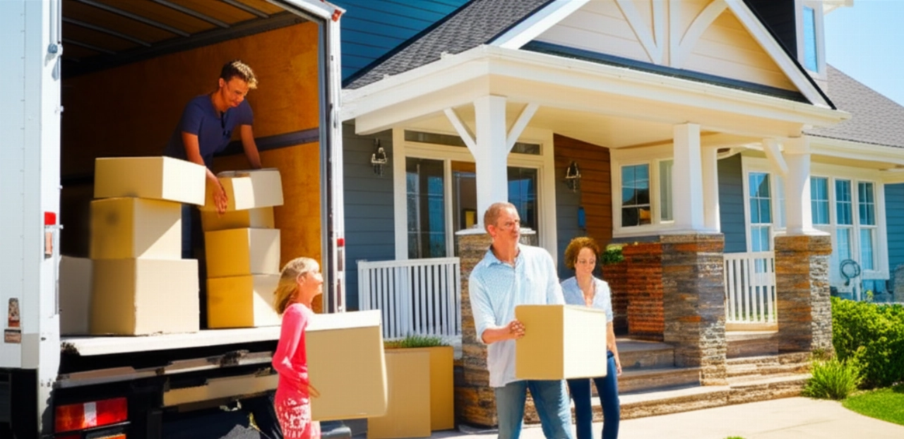 Famille caucasienne déchargeant des cartons de déménagement d'un camion de déménagement devant une nouvelle maison, exprimant joie et soulagement à l'arrivée.