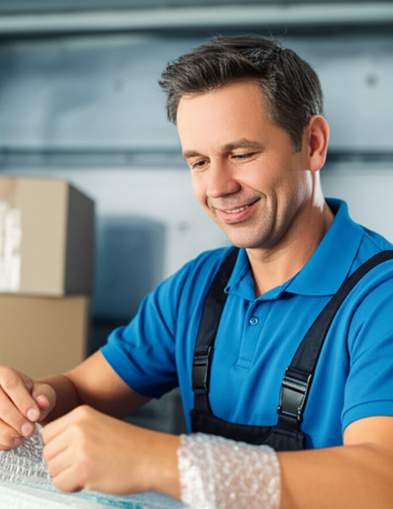 Déménageur professionnel caucasien avec un sourire rassurant emballant soigneusement un objet délicat, dans un environnement de déménagement ordonné.