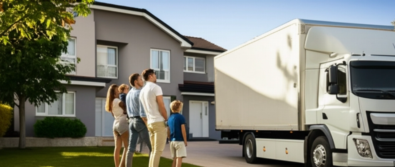 Famille caucasienne sereine et satisfaite observant un camion de déménagement moderne garé devant leur nouvelle maison, au coucher du soleil.