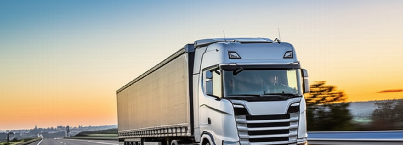 Un camion de déménagement moderne roulant sur une autoroute européenne à l'aube, avec des paysages suggérant le trajet entre Milan et Bâle.