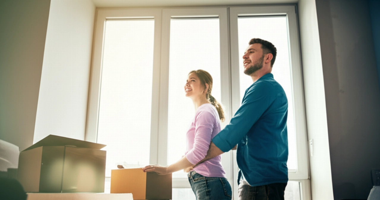 Un couple caucasien heureux sourit dans un nouvel appartement lumineux, avec des cartons partiellement vidés suggérant un déménagement récemment terminé.