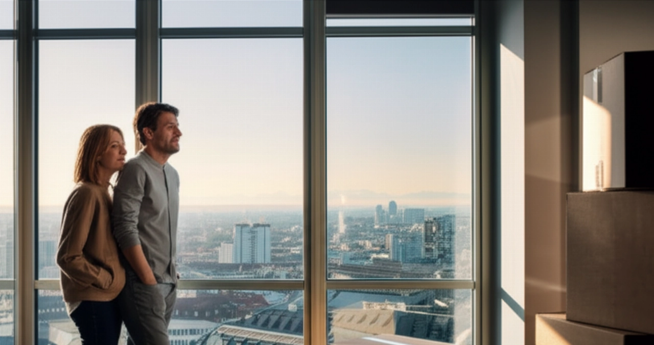Couple caucasien heureux dans un nouvel appartement à Munich, avec des cartons de déménagement, regardant le panorama.