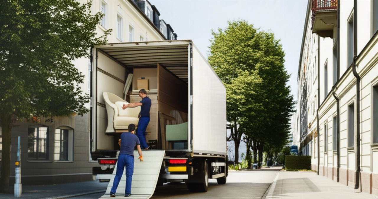 Grand camion de déménagement moderne et déménageurs caucasiens chargeant des meubles dans une rue de Munich.