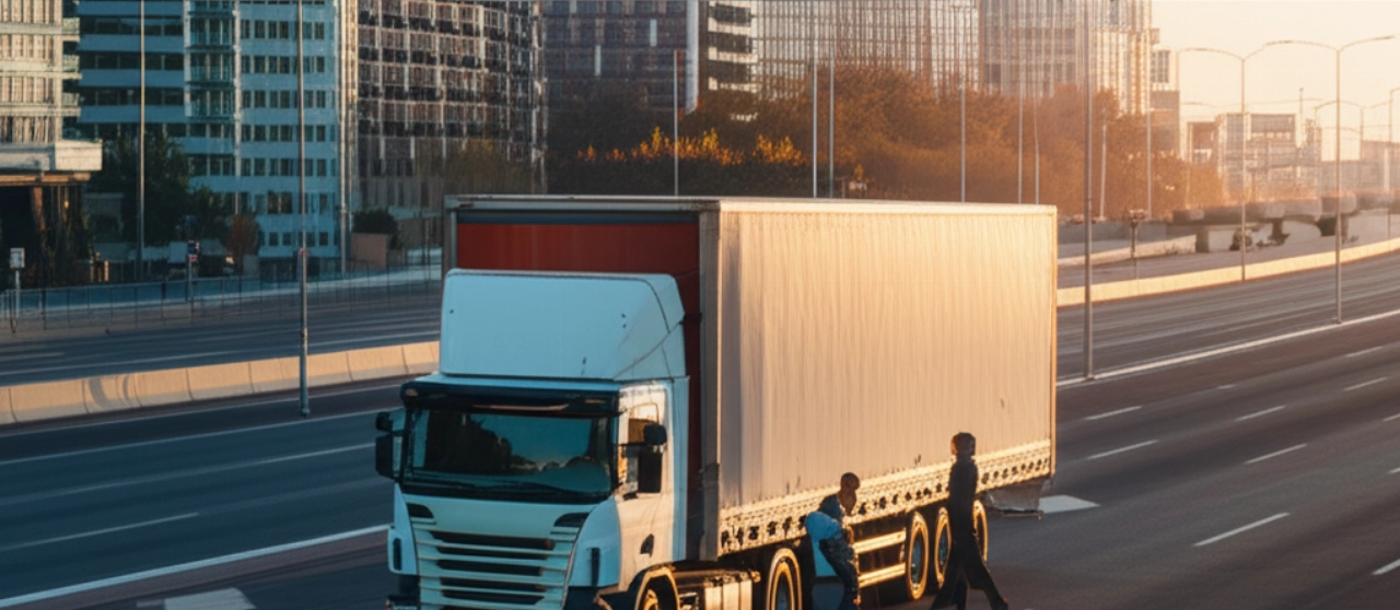 Grand camion de déménagement moderne avec des déménageurs professionnels caucasiens chargeant des meubles, dans un cadre urbain.