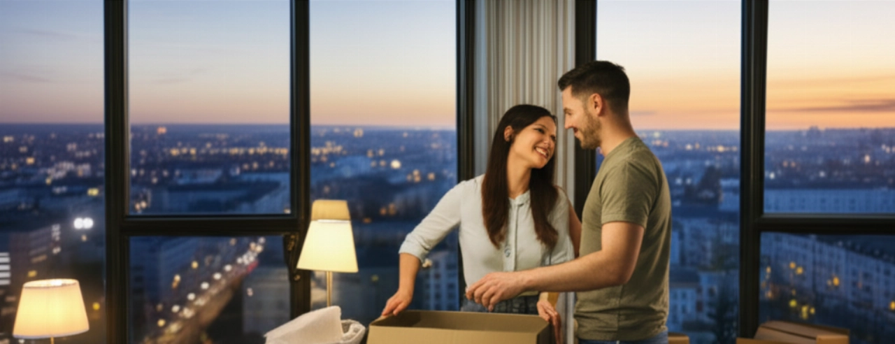 Heureux couple caucasien déballant dans un nouvel appartement spacieux, avec vue sur un horizon urbain européen.