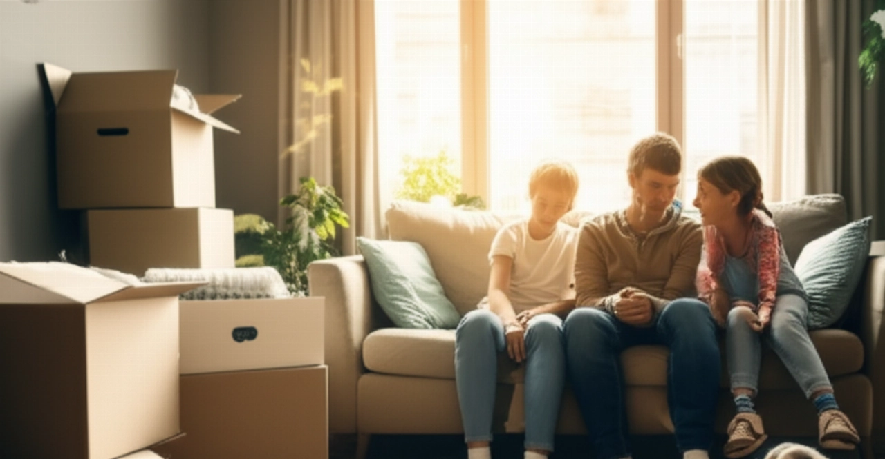 Famille caucasienne heureuse et détendue dans leur nouveau salon partiellement déballé après un déménagement.