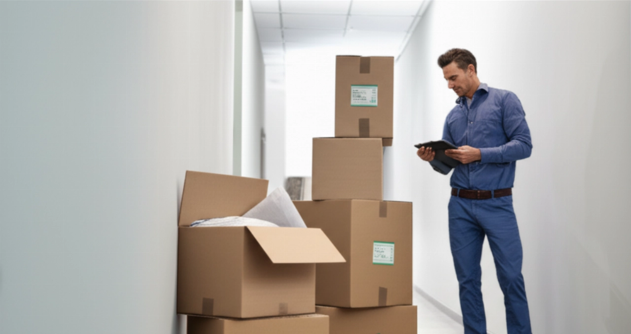 Cartons de déménagement bien organisés avec un professionnel caucasien vérifiant une liste de contrôle numérique.