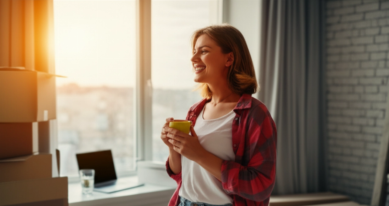 Femme caucasienne heureuse et détendue dans son nouvel appartement après un déménagement réussi.