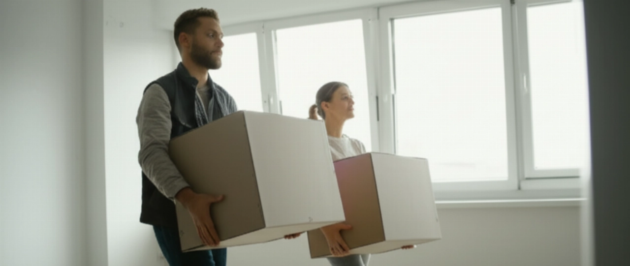 Deux personnes caucasiennes collaborent efficacement pour transporter des cartons dans un nouvel appartement lumineux, reflétant un déménagement organisé et sans accroc.