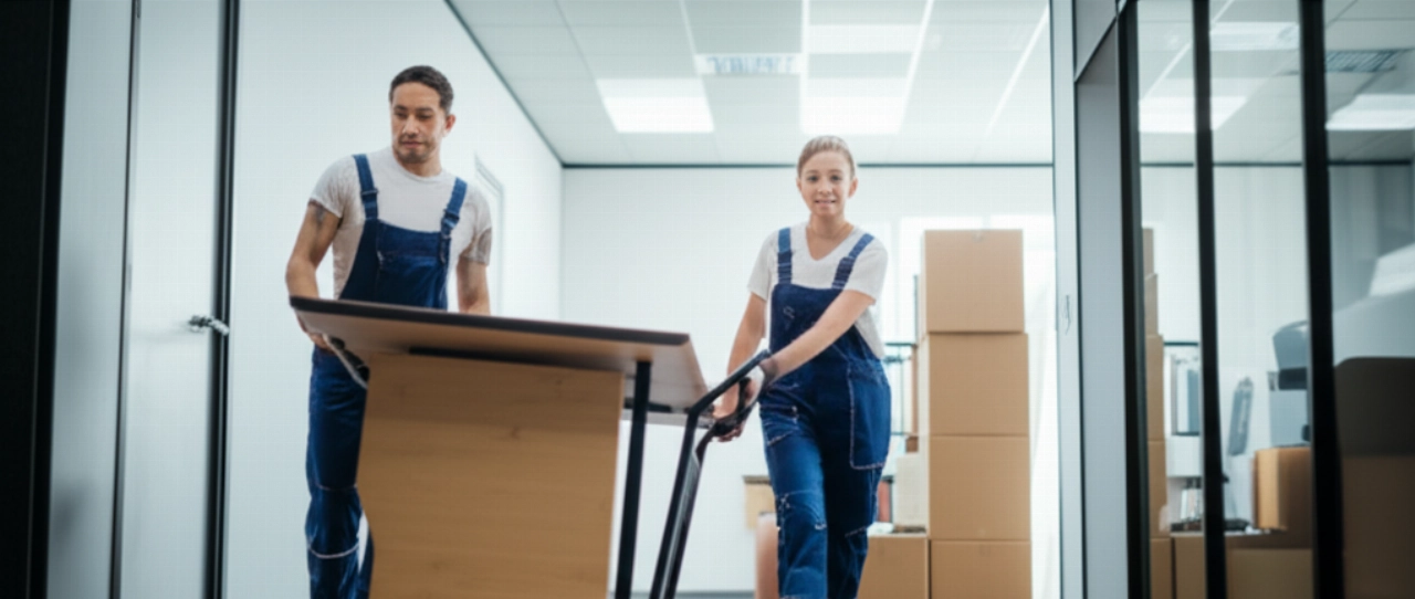 Déménageurs caucasiens professionnels déplaçant du matériel de bureau, représentant un déménagement d'entreprise efficace.