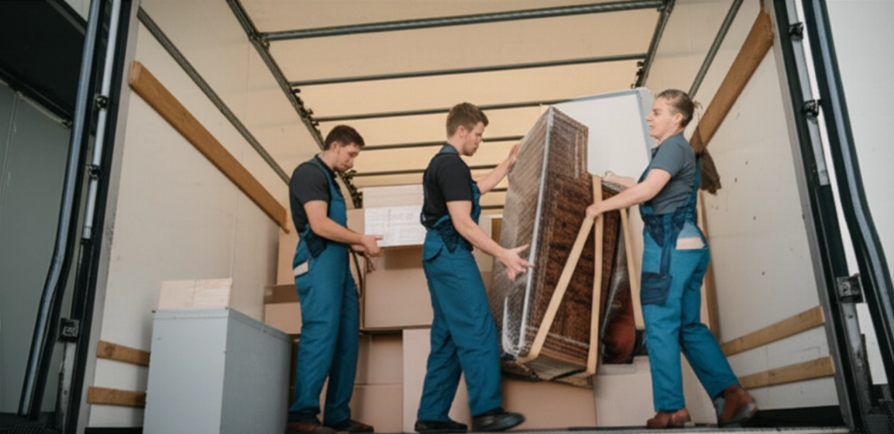 Camion de déménagement en cours de chargement avec des objets bien emballés, soulignant le soin et l'organisation lors des déménagements.