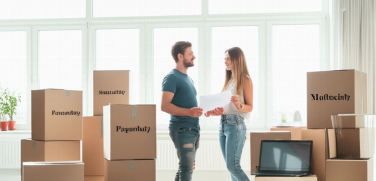 Couple caucasien souriant au milieu de cartons de déménagement bien organisés, représentant un début de déménagement sans stress.