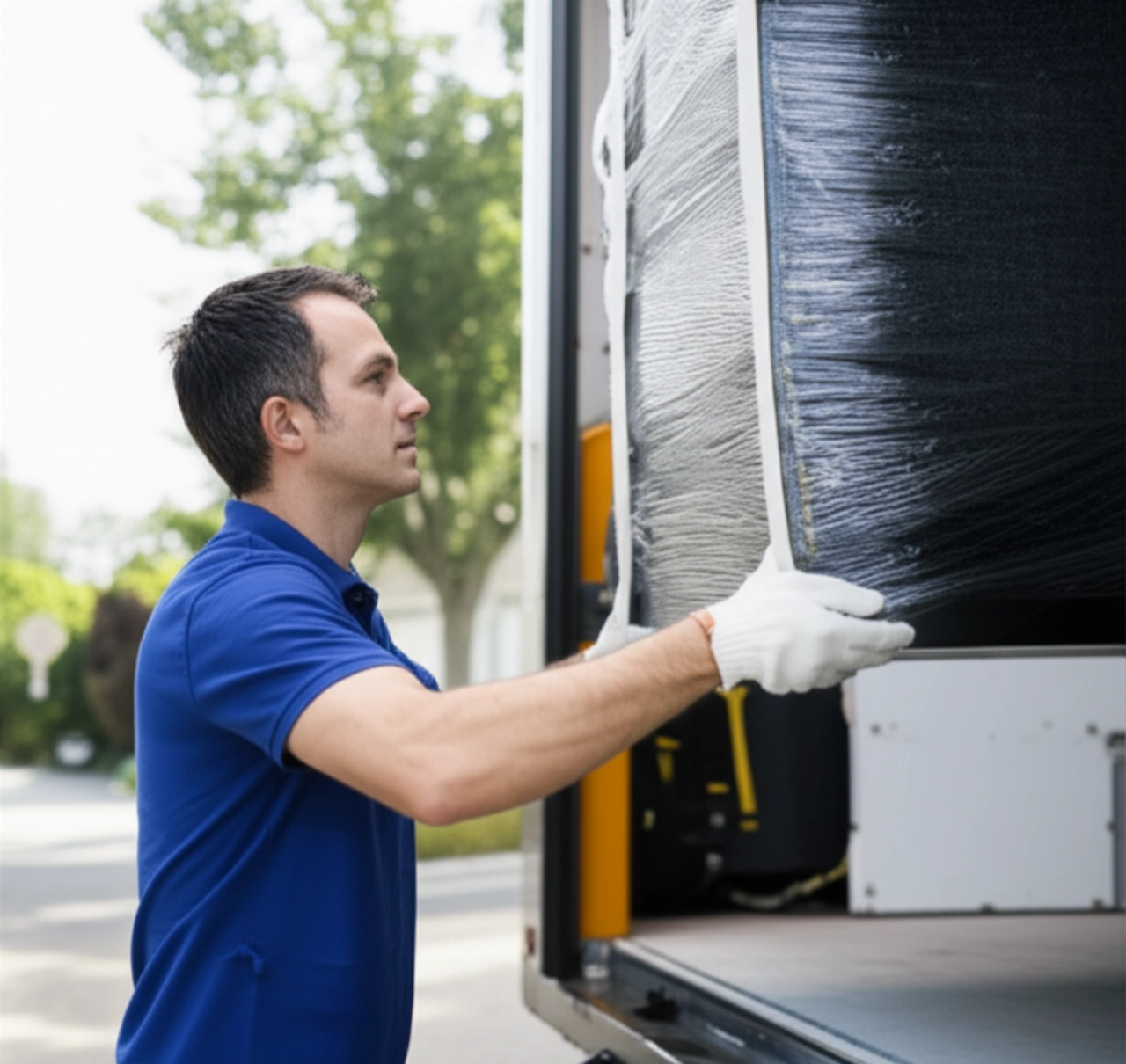 Déménageur caucasien professionnel chargeant des meubles sur un camion, soulignant la fiabilité et un service de qualité.