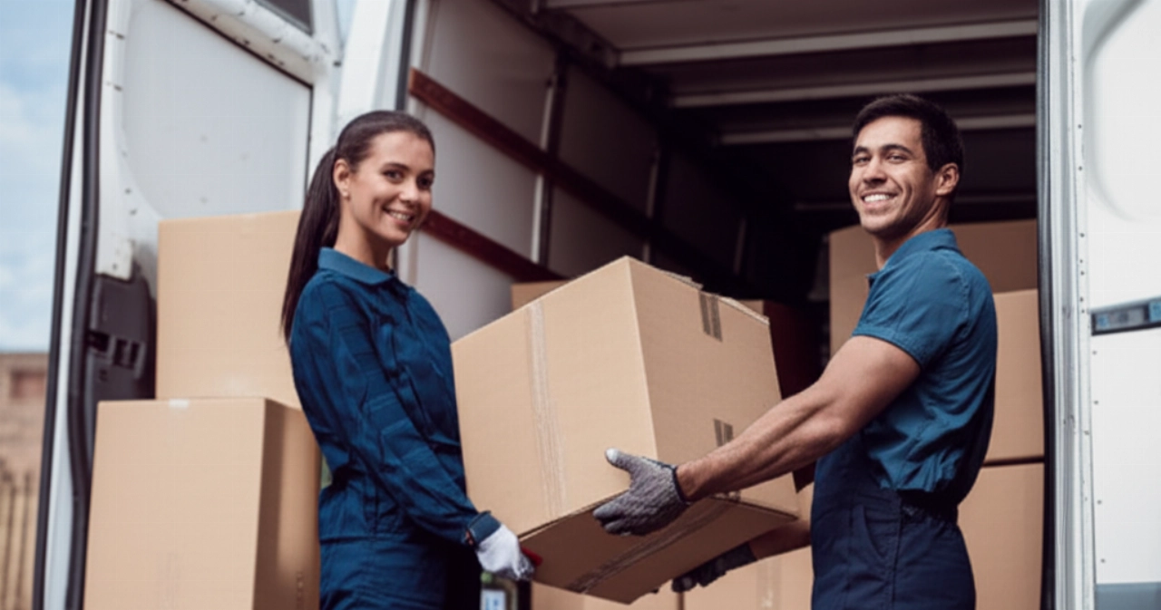 Déménageurs caucasiens professionnels chargeant efficacement des cartons dans un camion moderne, symbolisant un service de déménagement organisé et de valeur.