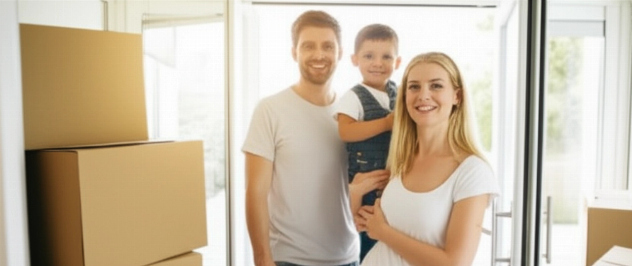 Famille caucasienne heureuse à l'entrée de leur nouvelle maison lumineuse, avec des cartons de déménagement bien rangés, symbolisant un déménagement réussi et sans stress.