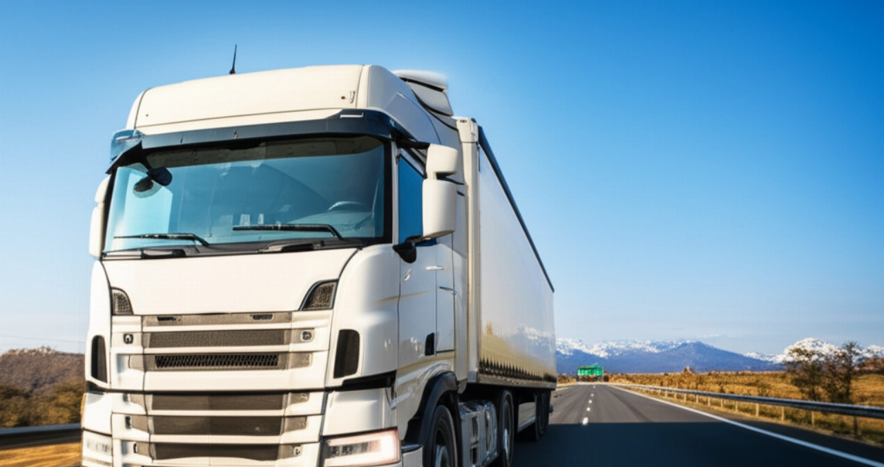 Un camion de déménagement moderne et sans logo roule sur une autoroute européenne bien entretenue, avec un paysage qui s'estompe des collines aux montagnes lointaines sous un ciel serein.